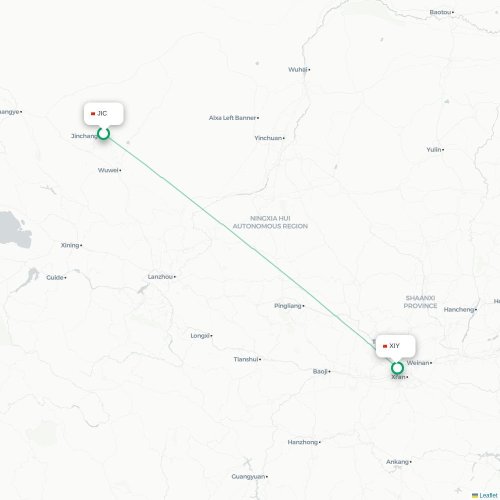 Mapa lotu bezpośredniego Jinchang – Xi'an