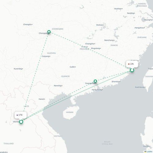 Mapa lotu bezpośredniego Quanzhou – Wientian