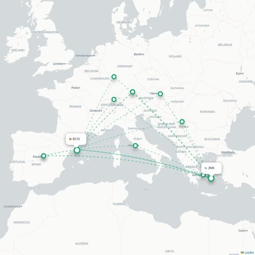 Mapa de vuelo directo Míkonos - Barcelona
