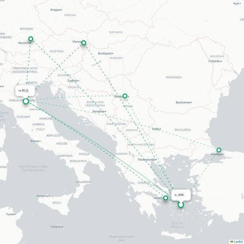 Mapa de vuelo directo Míkonos - Bolonia