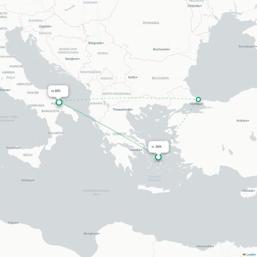 Mapa de vuelo directo Míkonos - Bari