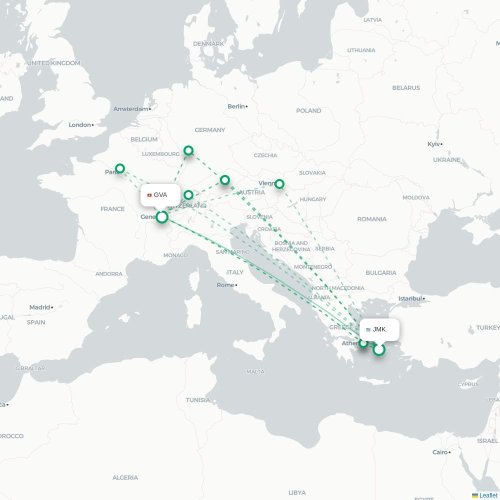 Mapa de vuelo directo Míkonos - Ginebra