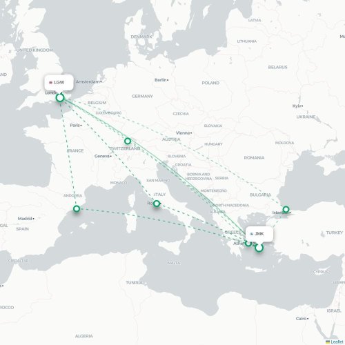 Mapa de vuelo directo Míkonos - Londres