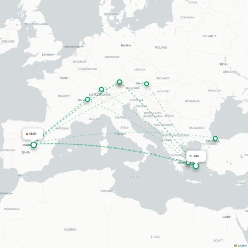 Mapa de vuelo directo Míkonos - Madrid