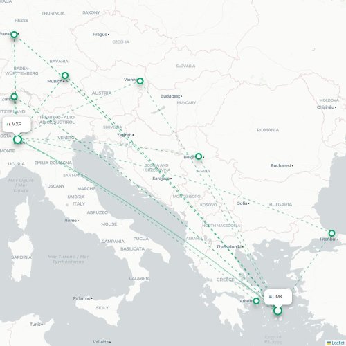 Mapa de vuelo directo Míkonos - Milán