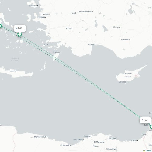 Mapa lotu bezpośredniego Mykonos – Tel Awiw