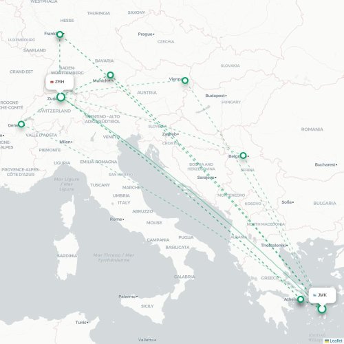 Mapa de vuelo directo Míkonos - Zúrich