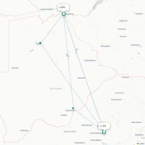Mapa lotu bezpośredniego Johannesburg – Kasane