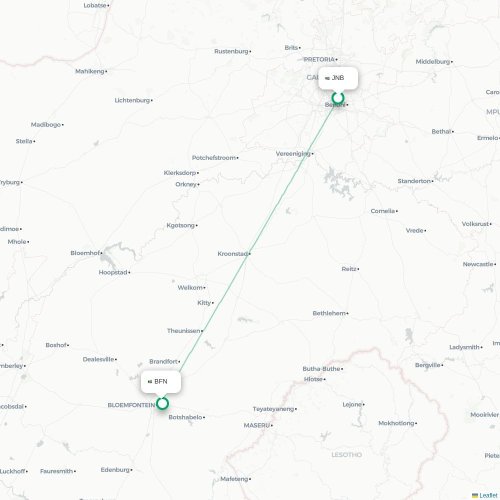 Johannesburg - Bloemfontein direct flight map