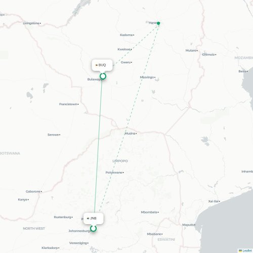 Mapa lotu bezpośredniego Johannesburg – Bulawayo