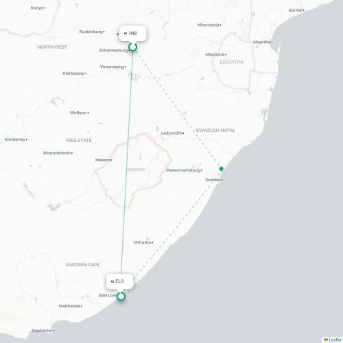 Johannesburg - East London direct flight map