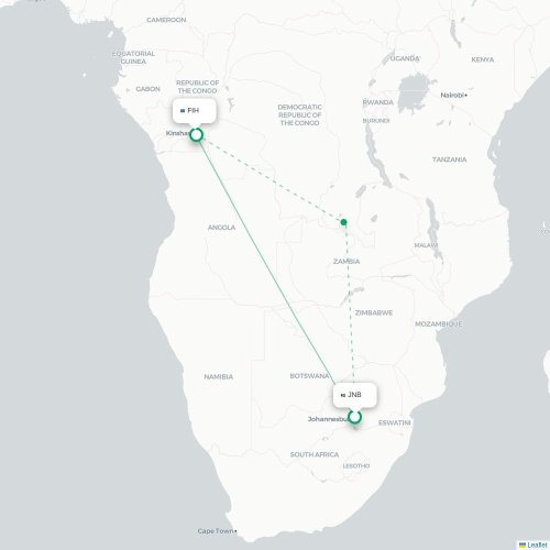 Mapa lotu bezpośredniego Johannesburg – Kinszasa