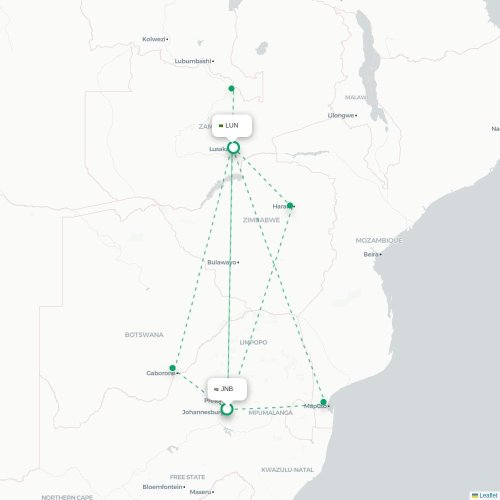 Mapa lotu bezpośredniego Johannesburg – Lusaka