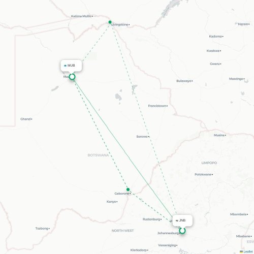 Mapa lotu bezpośredniego Johannesburg – Maun