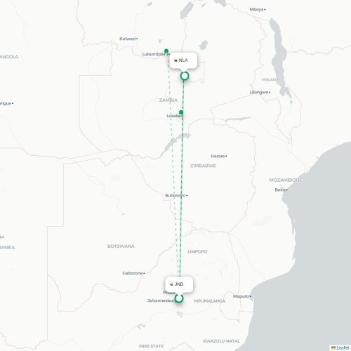 Mapa lotu bezpośredniego Johannesburg – Ndola