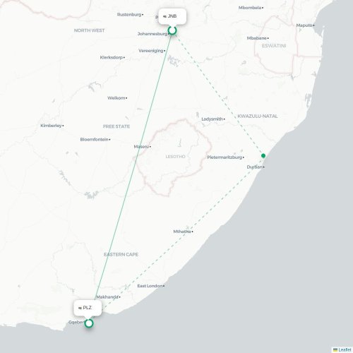 Johannesburg - Port Elizabeth direct flight map