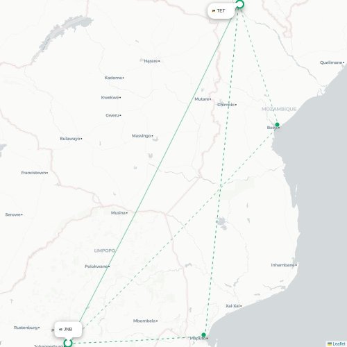 Mapa lotu bezpośredniego Johannesburg – Tete