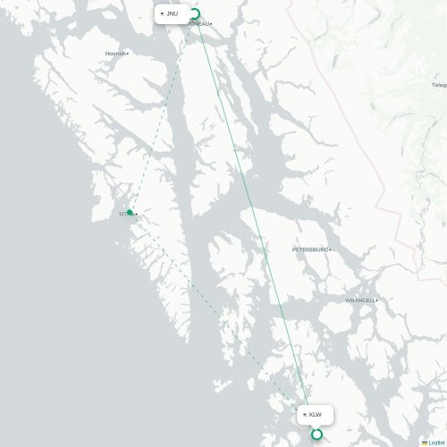 Mapa lotu bezpośredniego Juneau – Klawock