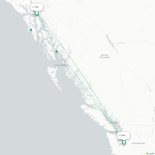 Mapa lotu bezpośredniego Juneau – Seattle