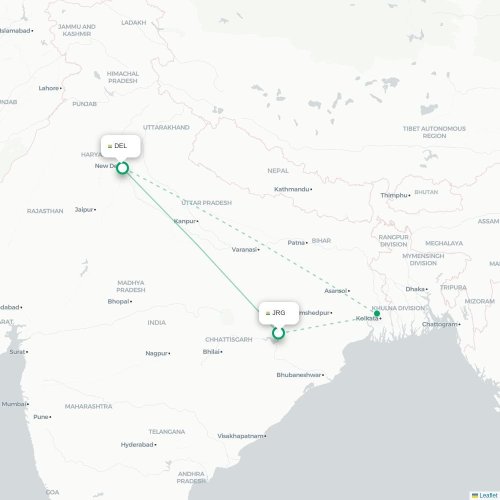 Mapa de vuelo directo Jhārsuguda - Nueva Delhi