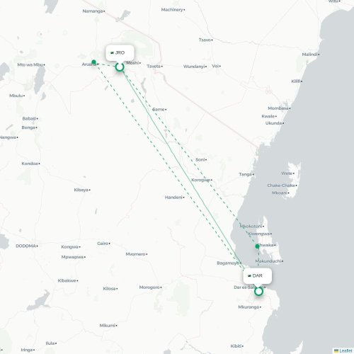 Mapa de vuelo directo Arusha - Dar es Salaam