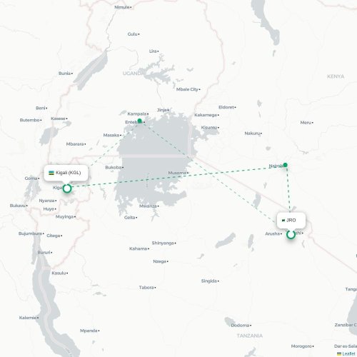 Mapa lotu bezpośredniego Arusza – Kigali