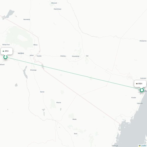 Mapa de vuelo directo Arusha - Mombasa