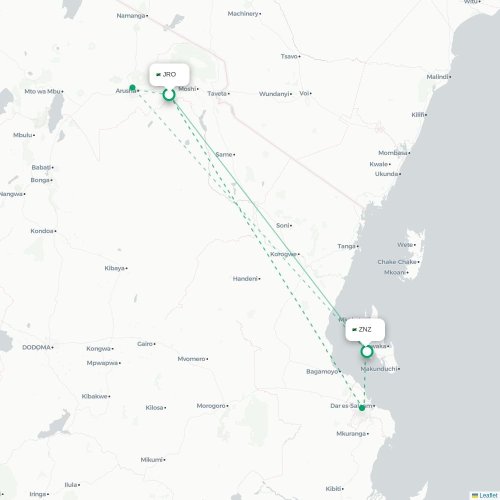 Mapa de vuelo directo Arusha - Zanzíbar