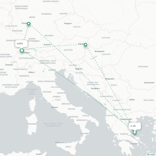 Mapa de vuelo directo Scíathos - Basilea, Suiza
