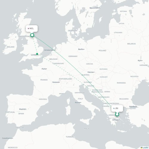 Mapa de vuelo directo Scíathos - Newcastle-upon-Tyne