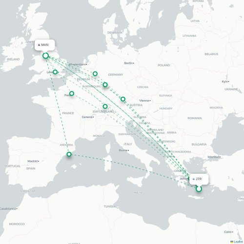 Mapa de vuelo directo Fira - Mánchester