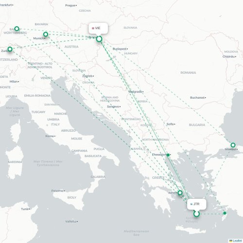 Thira - Wien karta över direktflyg