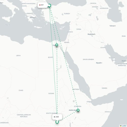 Mapa de vuelo directo Juba - Estambul