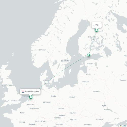 Mapa de vuelo directo Kajaani - Ámsterdam