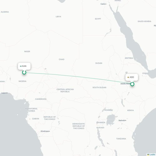 Mapa lotu bezpośredniego Kano – Addis Abeba