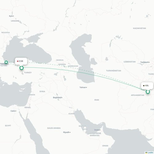 Mapa de vuelo directo Kabul - Angora