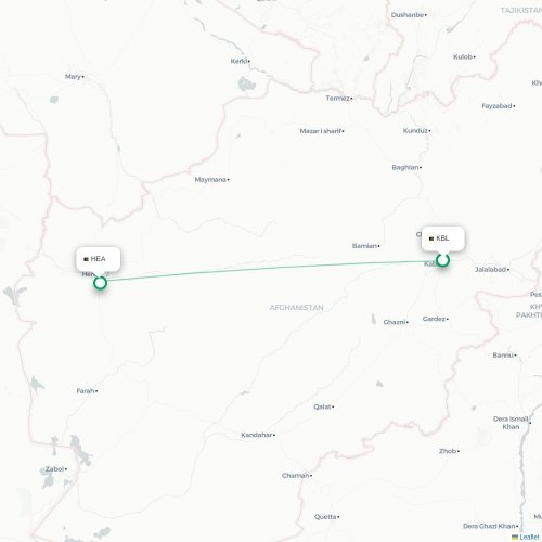 Mapa lotu bezpośredniego Kabul – Herat