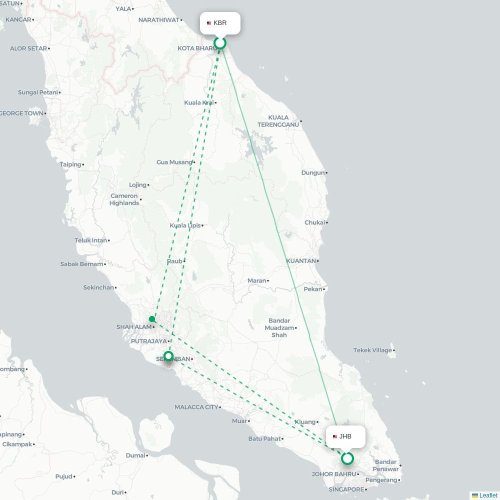 Mapa lotu bezpośredniego Kota Bahru – Johor Bahru