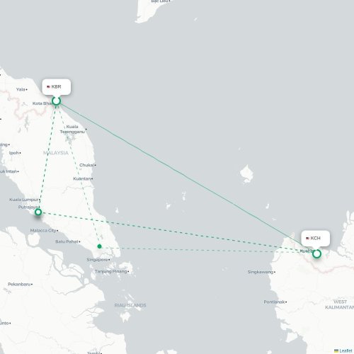 Mapa lotu bezpośredniego Kota Bahru – Kuching