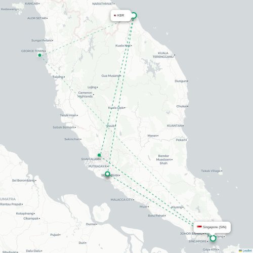 Mapa lotu bezpośredniego Kota Bahru – Singapur