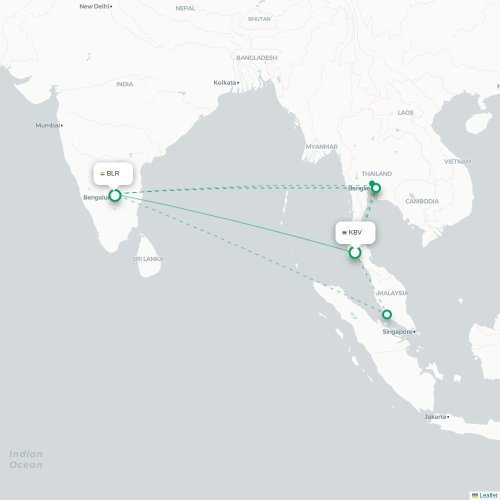 Krabi – Bangalore suoran lennon kartta
