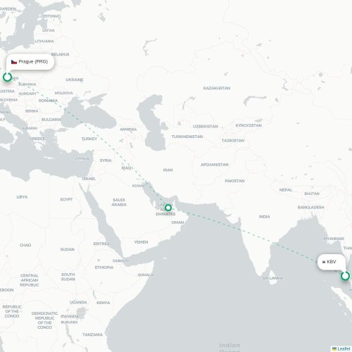 Mapa lotu bezpośredniego Krabi – Praga
