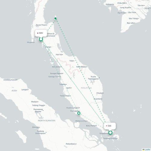 Mapa de vuelo directo Krabi - Singapur