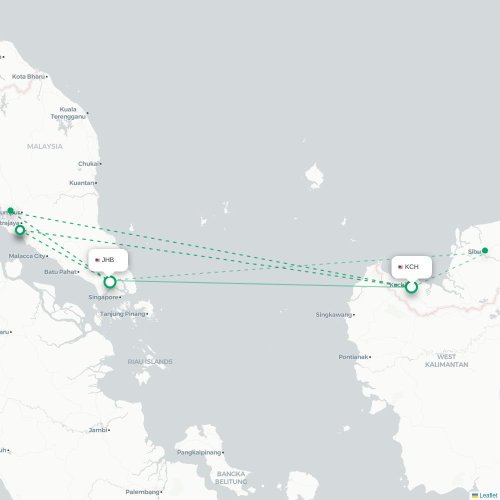 Mapa de vuelo directo Kuching - Johor Bahru