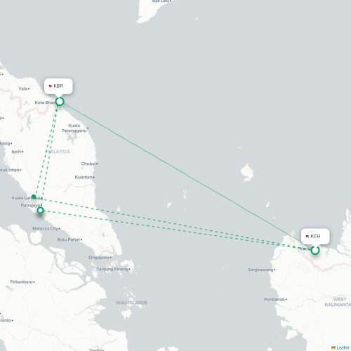 Mapa lotu bezpośredniego Kuching – Kota Bahru