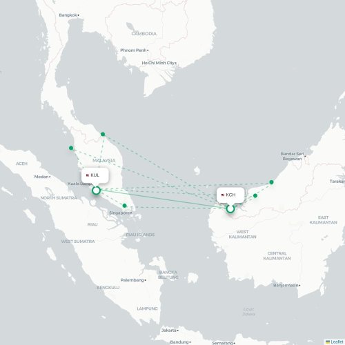 Mapa de vuelo directo Kuching - Kuala Lumpur