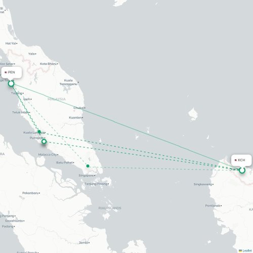 Mapa lotu bezpośredniego Kuching – Penang