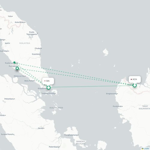 Mapa lotu bezpośredniego Kuching – Singapur