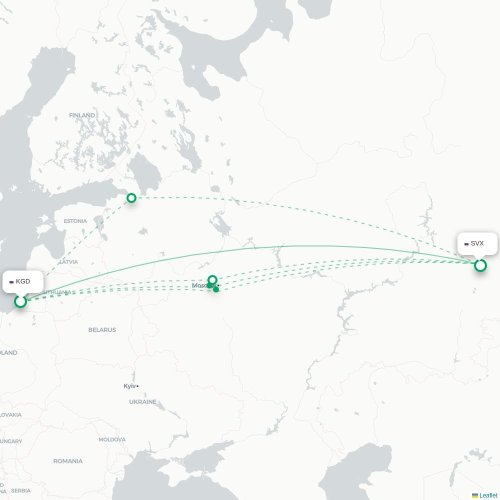 Mapa de vuelo directo Kaliningrado - Ekaterinburgo