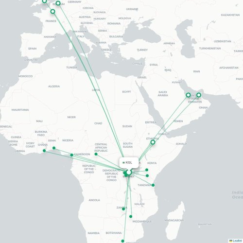 Mapa de vuelo directo Kigali - Juba